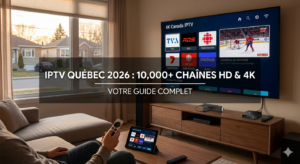 Une photographie de l'interface utilisateur de 4K Canada IPTV affichée sur un grand téléviseur 4K dans un salon au Québec, mettant en vedette les logos de TVA, RDS et Radio-Canada.