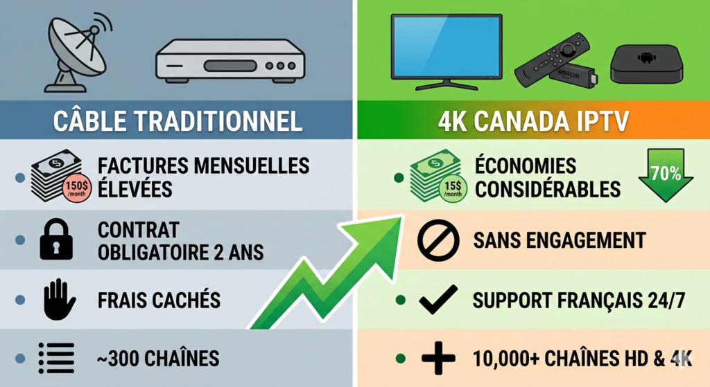 Une infographie comparative côte à côte montrant le service de câble traditionnel sur la gauche avec des factures élevées, et 4K Canada IPTV sur la droite affichant 70 % d'économies, aucun contrat et plus de 48 000 chaînes.